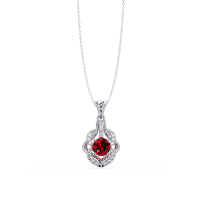 1.6 CTW Round Ornate Frame Colorstone Pendant Necklace — Ruby Deep Red — 14K White Gold