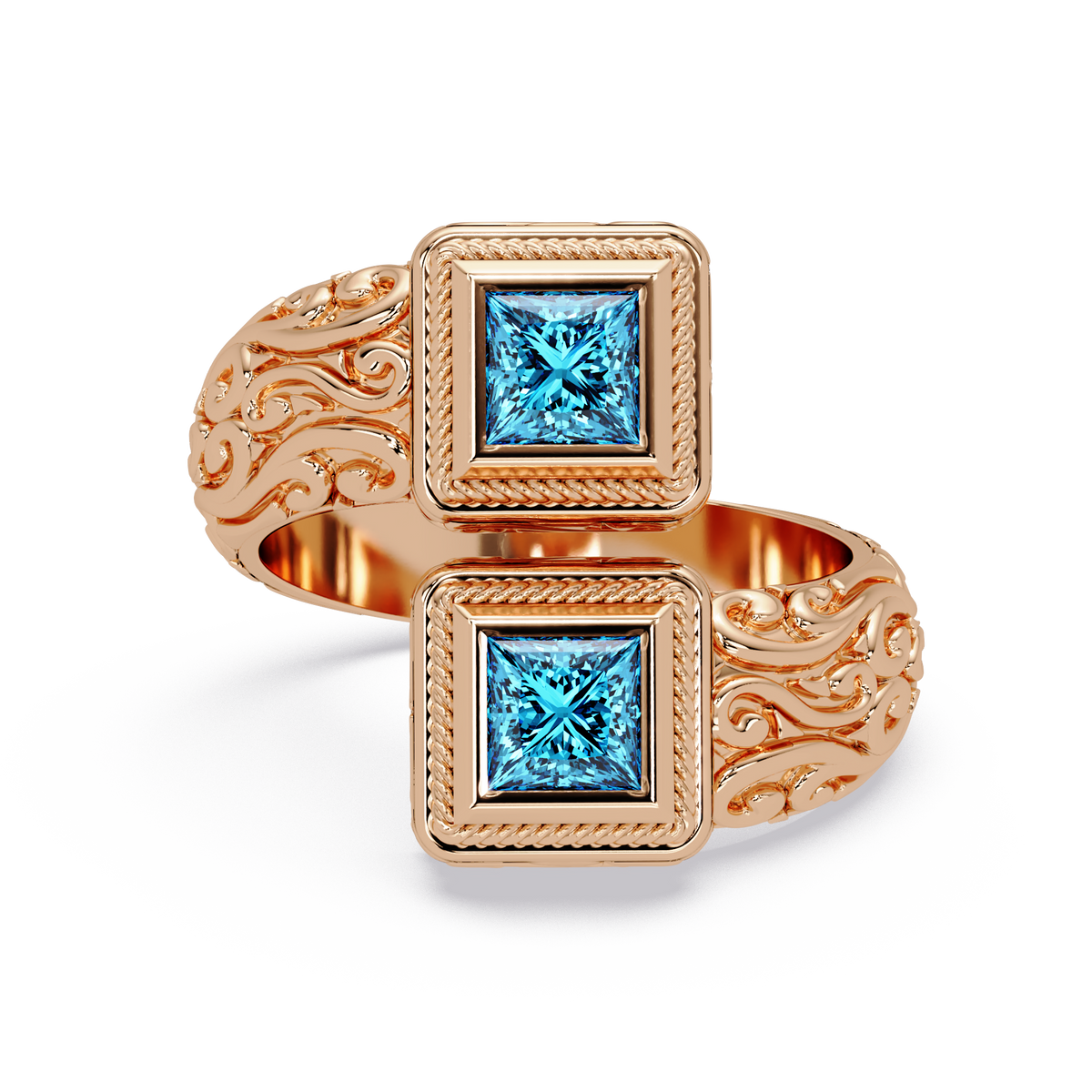 1.0 CTW Princess-Cut Filigree Bypass Colorstone Ring in Aquamarine Blue and Rose Gold – Lunéa Paris