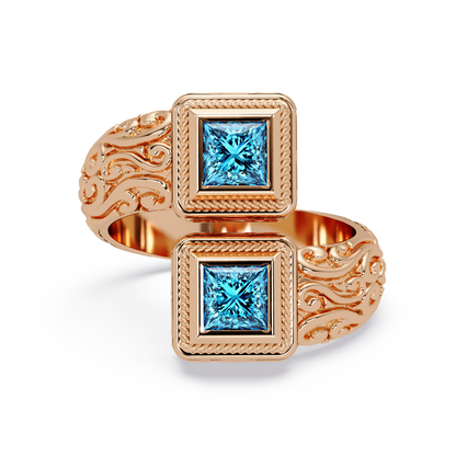 1.0 CTW Princess-Cut Filigree Bypass Colorstone Ring in Aquamarine Blue and Rose Gold – Lunéa Paris