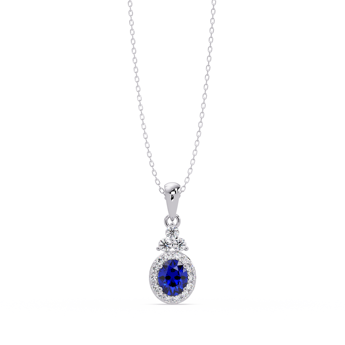 0.7 CTW Oval Halo Cluster Colorstone Pendant Necklace — Sapphire Royal Blue — 14K White Gold