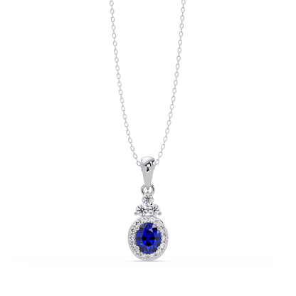 0.7 CTW Oval Halo Cluster Colorstone Pendant Necklace — Sapphire Royal Blue — 14K White Gold