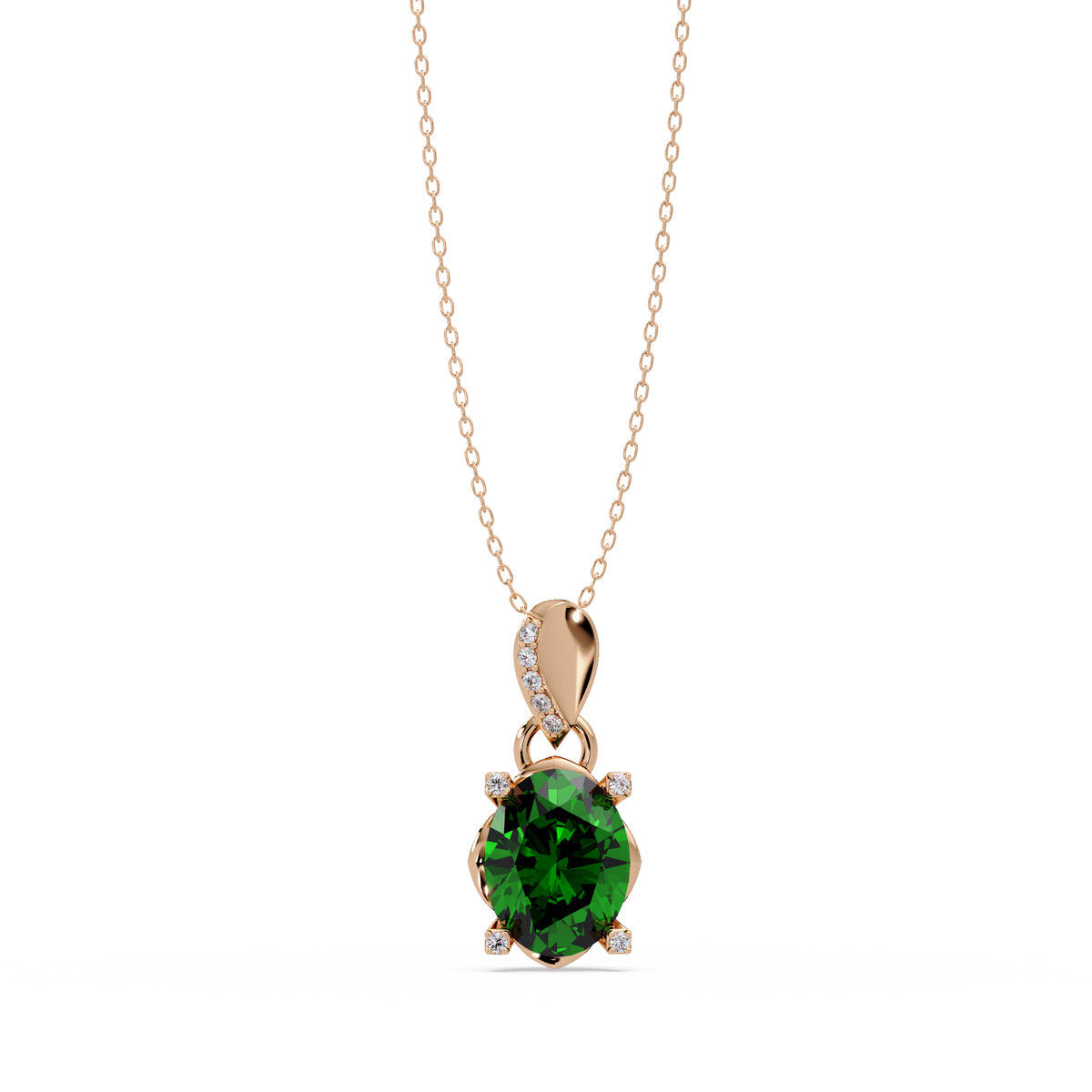 1.8 CTW Oval Solitaire Accent Colorstone Pendant Necklace — Emerald Deep Green — 14K Rose Gold