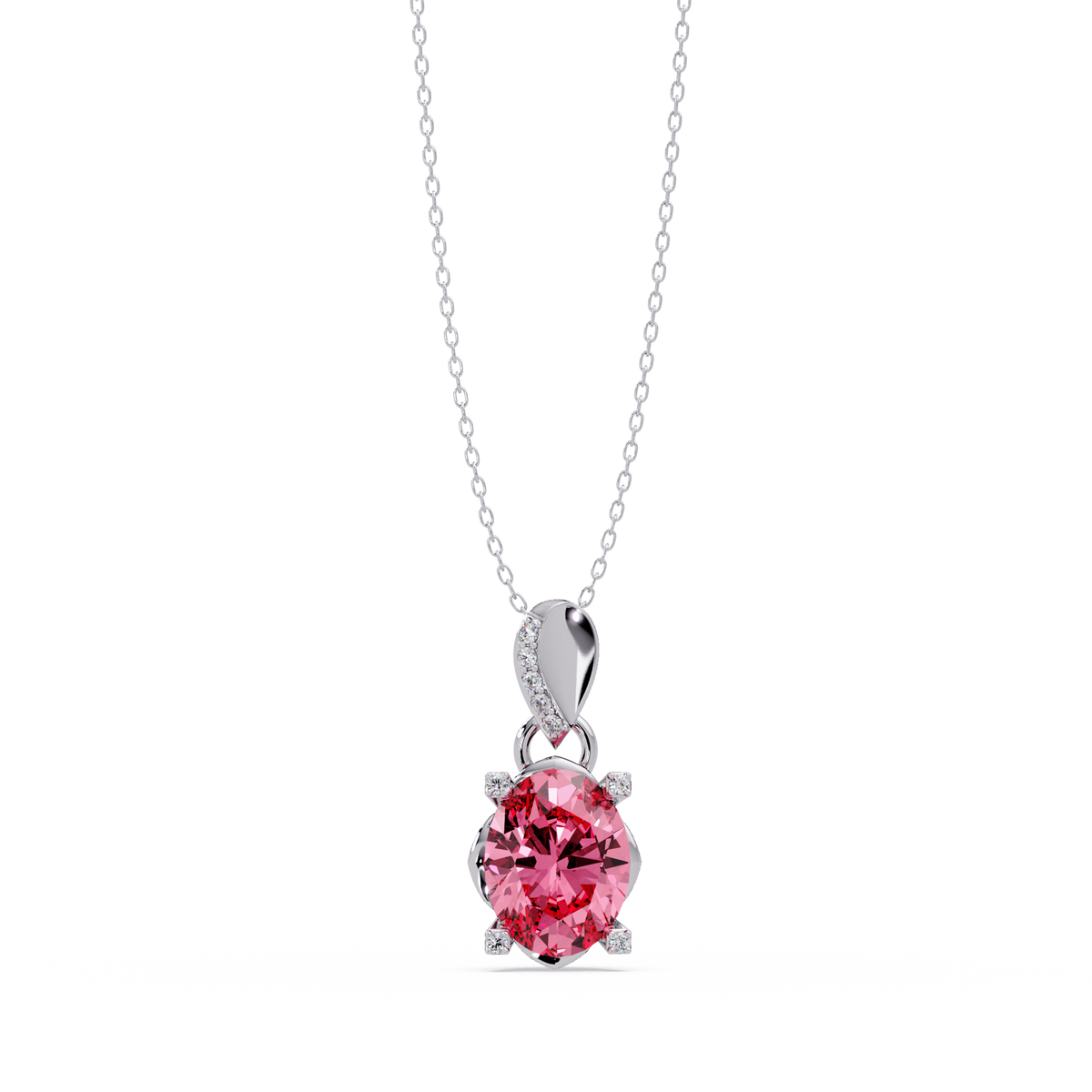 1.8 CTW Oval Solitaire Accent Colorstone Pendant Necklace — Tourmaline Rose Pink — 14K White Gold