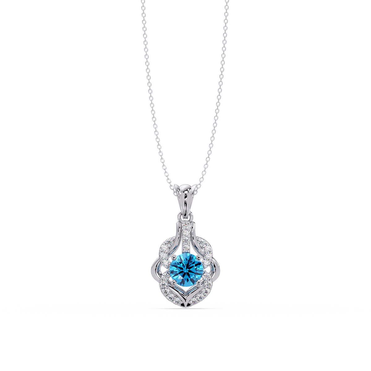 1.6 CTW Round Ornate Frame Colorstone Pendant Necklace — Aquamarine Sky Blue — 14K White Gold