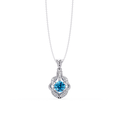 1.6 CTW Round Ornate Frame Colorstone Pendant Necklace — Aquamarine Sky Blue — 14K White Gold