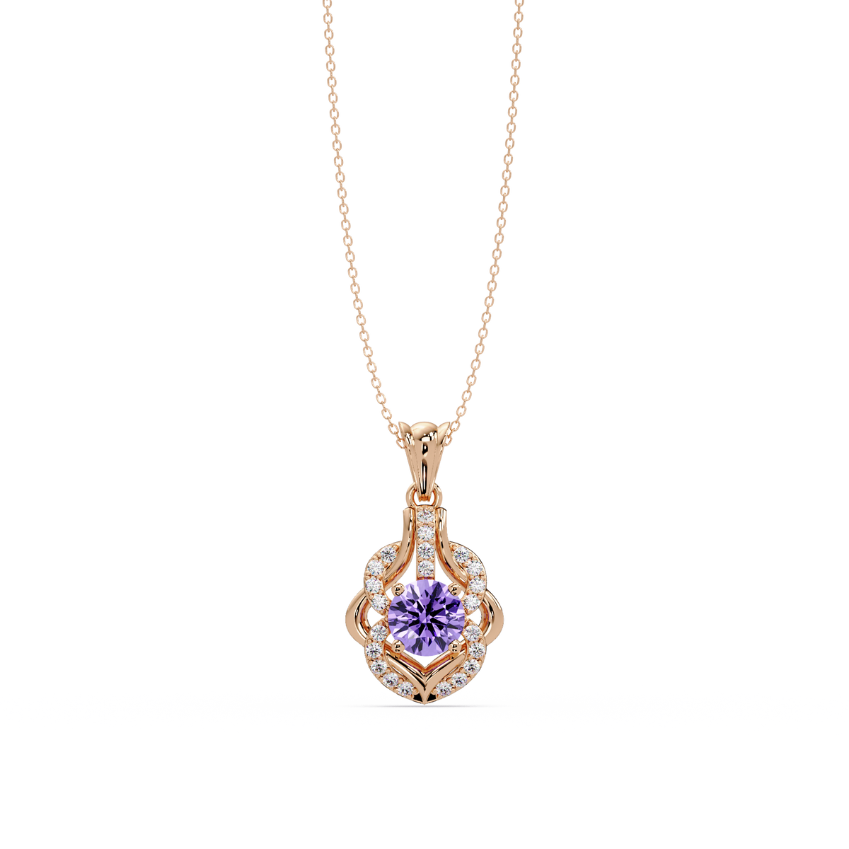 1.6 CTW Round Ornate Frame Colorstone Pendant Necklace — Amethyst Lavender — 14K Rose Gold
