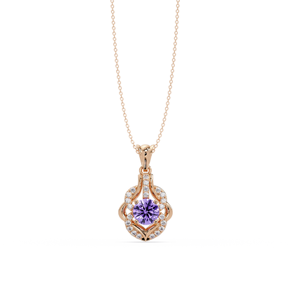 1.6 CTW Round Ornate Frame Colorstone Pendant Necklace — Amethyst Lavender — 14K Rose Gold