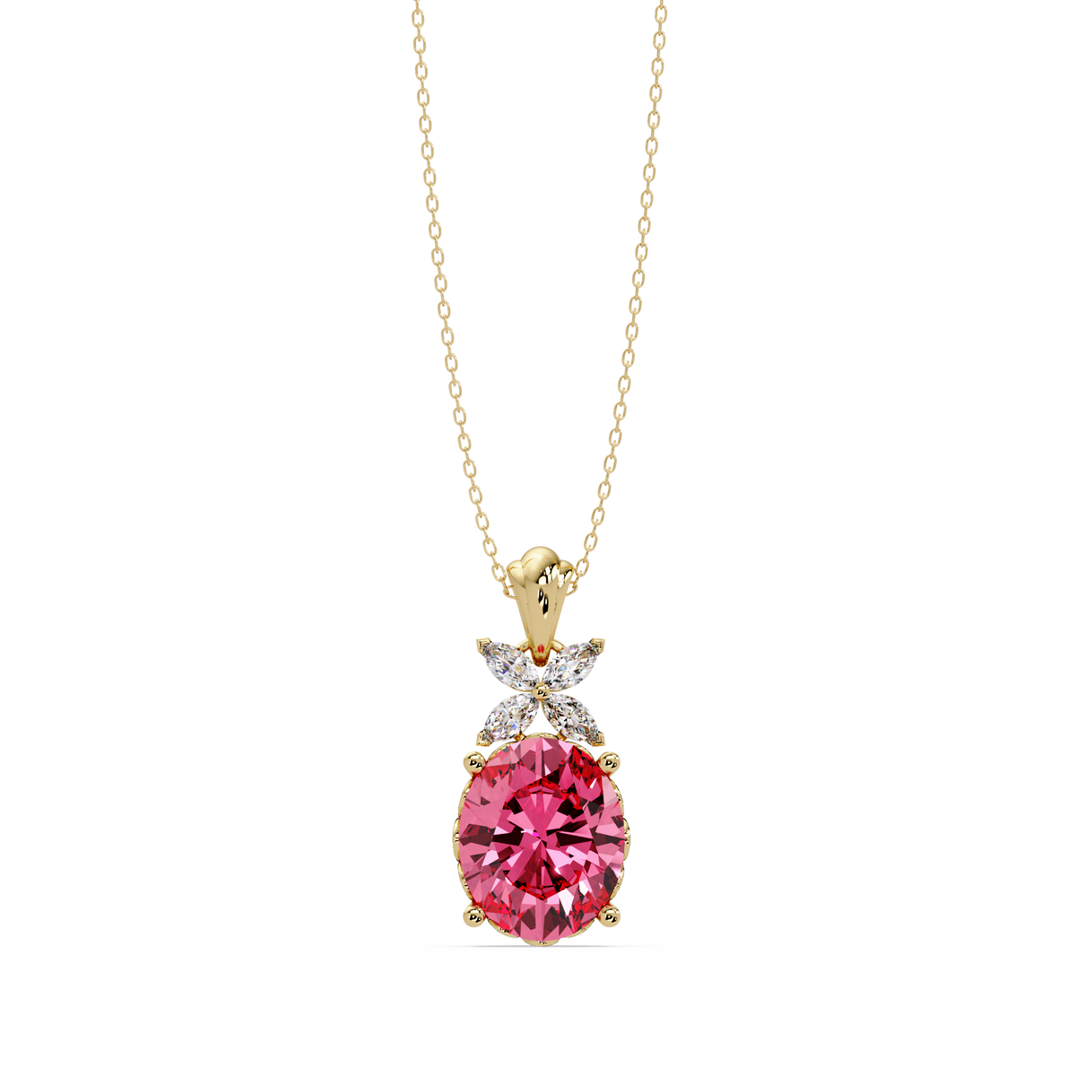 3.6 CTW Oval Butterfly Accent Colorstone Pendant Necklace — Tourmaline Rose Pink — 14K Yellow Gold