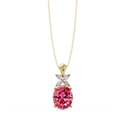 3.6 CTW Oval Butterfly Accent Colorstone Pendant Necklace — Tourmaline Rose Pink — 14K Yellow Gold