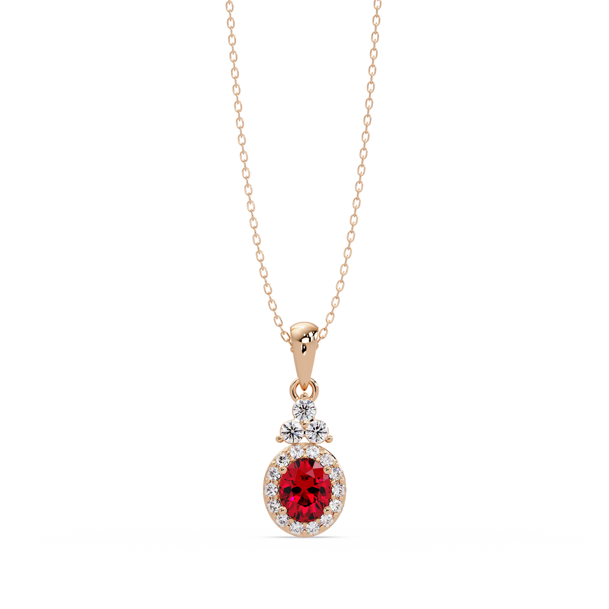 0.7 CTW Oval Halo Cluster Colorstone Pendant Necklace — Ruby Deep Red — 14K Rose Gold