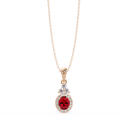 0.7 CTW Oval Halo Cluster Colorstone Pendant Necklace — Ruby Deep Red — 14K Rose Gold