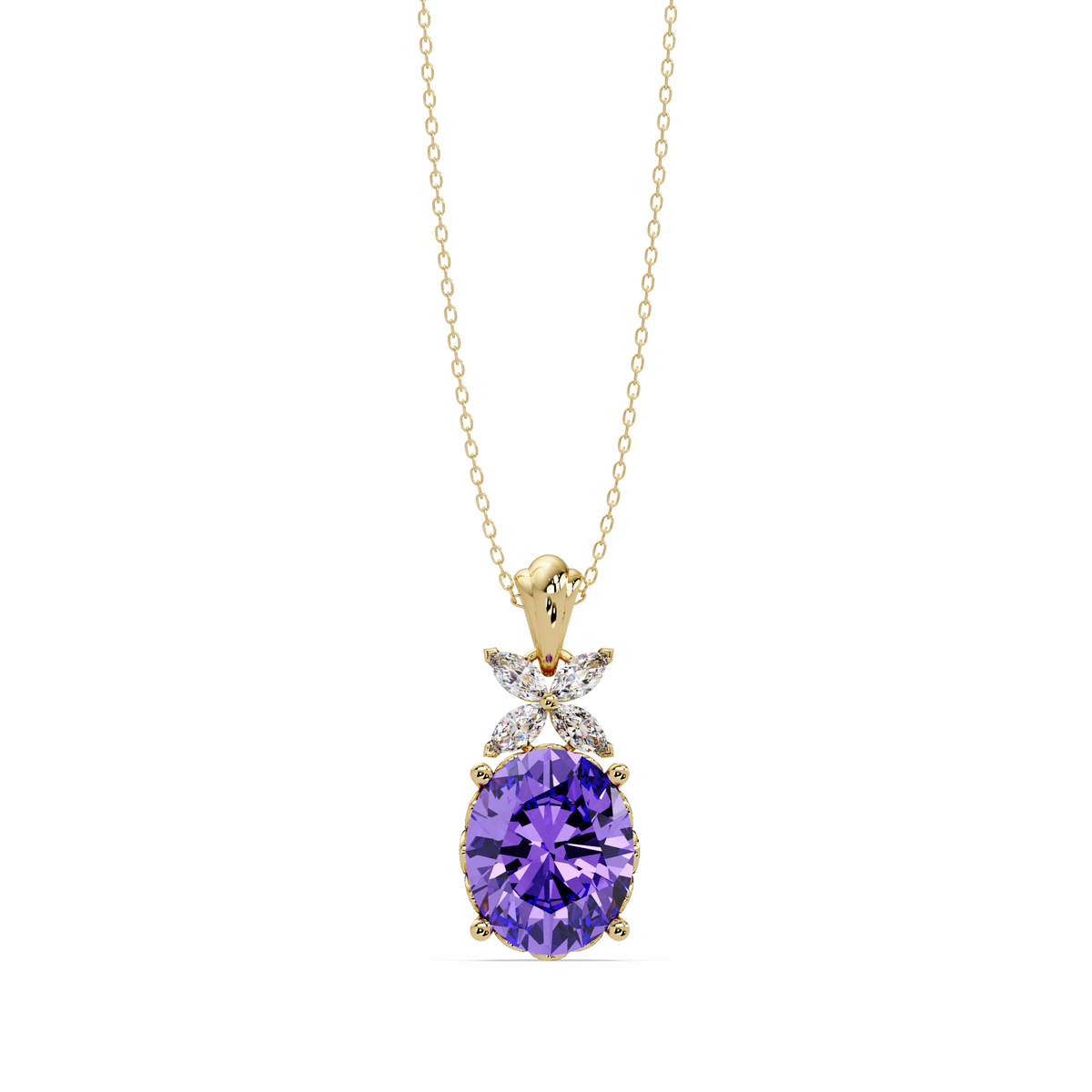 3.6 CTW Oval Butterfly Accent Colorstone Pendant Necklace — Amethyst Lavender — 14K Yellow Gold