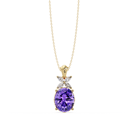 3.6 CTW Oval Butterfly Accent Colorstone Pendant Necklace — Amethyst Lavender — 14K Yellow Gold