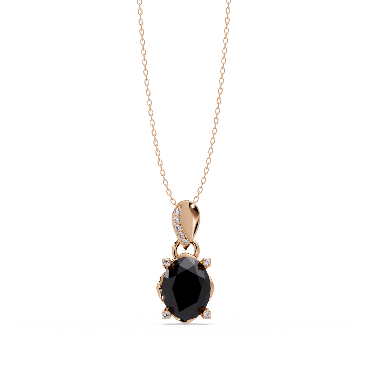 1.8 CTW Oval Solitaire Accent Colorstone Pendant Necklace — Onyx Black — 14K Rose Gold