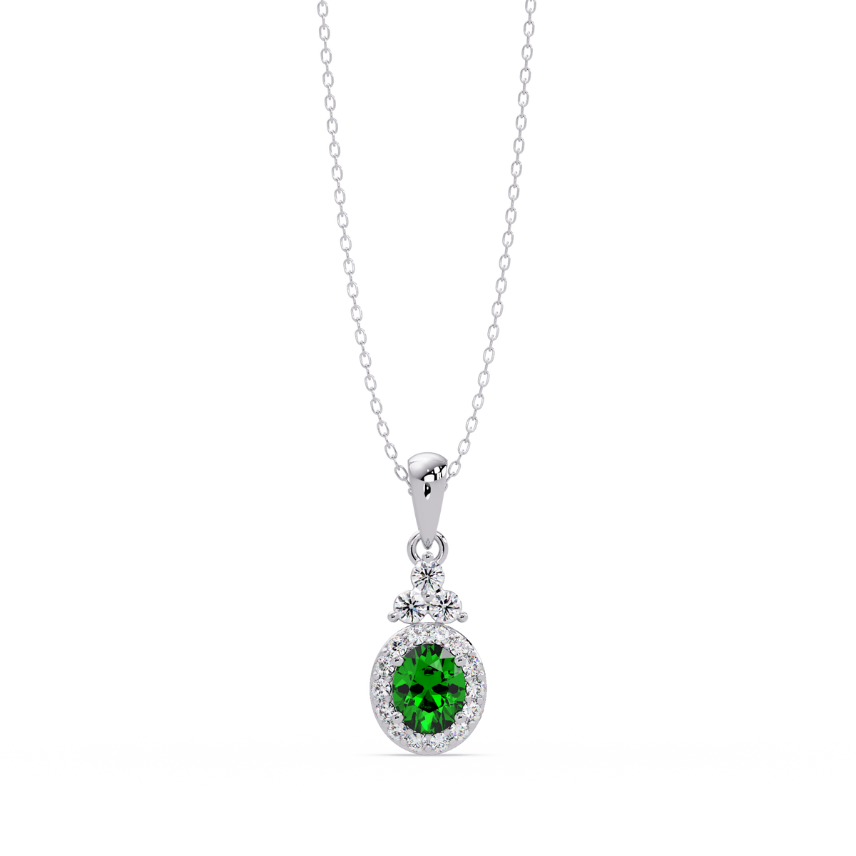0.7 CTW Oval Halo Cluster Colorstone Pendant Necklace — Emerald Deep Green — 14K White Gold