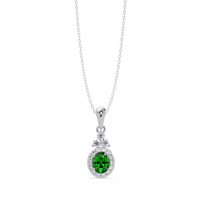0.7 CTW Oval Halo Cluster Colorstone Pendant Necklace — Emerald Deep Green — 14K White Gold