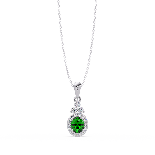 0.7 CTW Oval Halo Cluster Colorstone Pendant Necklace — Emerald Deep Green — 14K White Gold