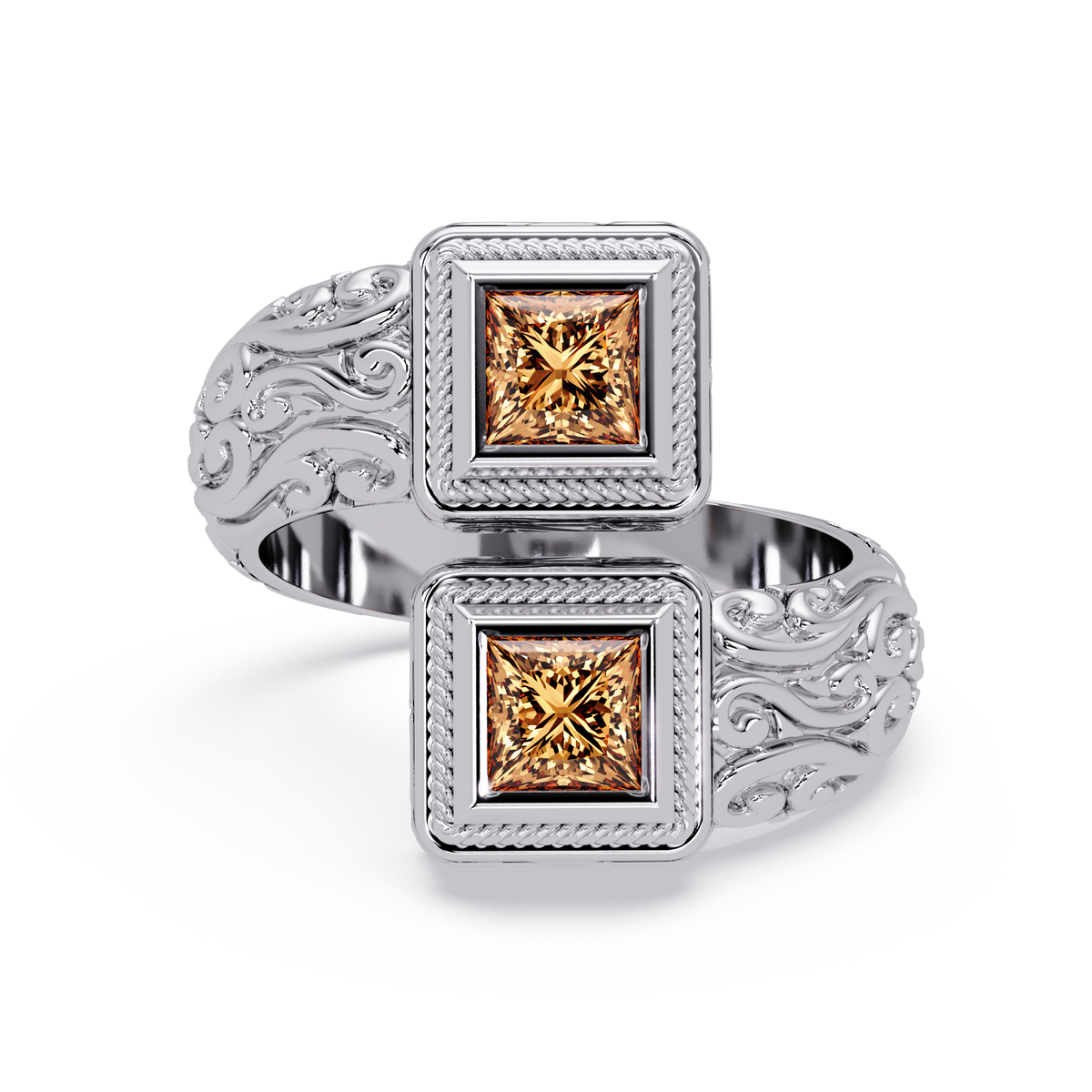 1.0 CTW Princess-Cut Filigree Bypass Colorstone Ring in Champagne Topaz and White Gold – Lunéa Paris