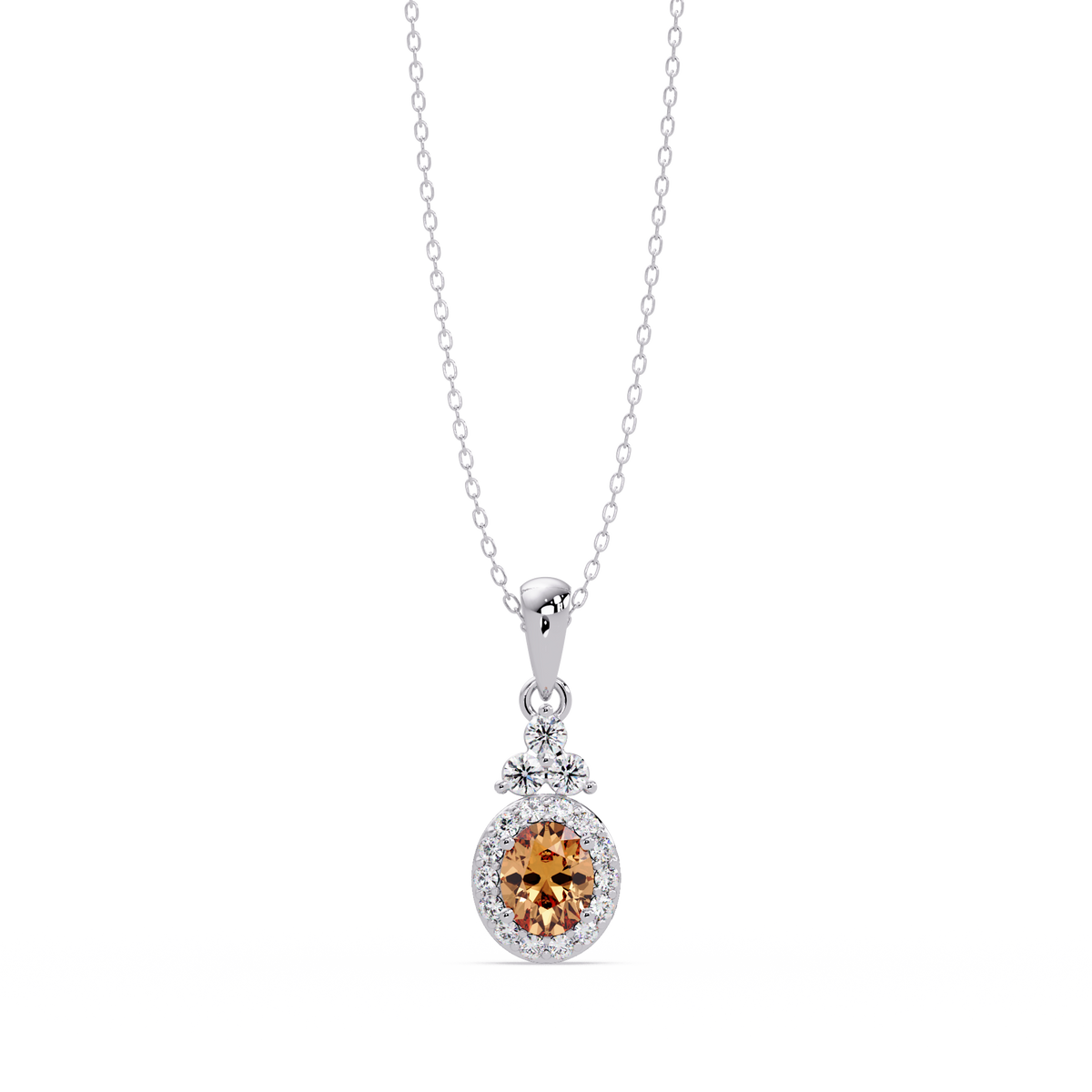 0.7 CTW Oval Halo Cluster Colorstone Pendant Necklace — Champagne Topaz Amber — 14K White Gold
