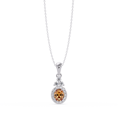 0.7 CTW Oval Halo Cluster Colorstone Pendant Necklace — Champagne Topaz Amber — 14K White Gold