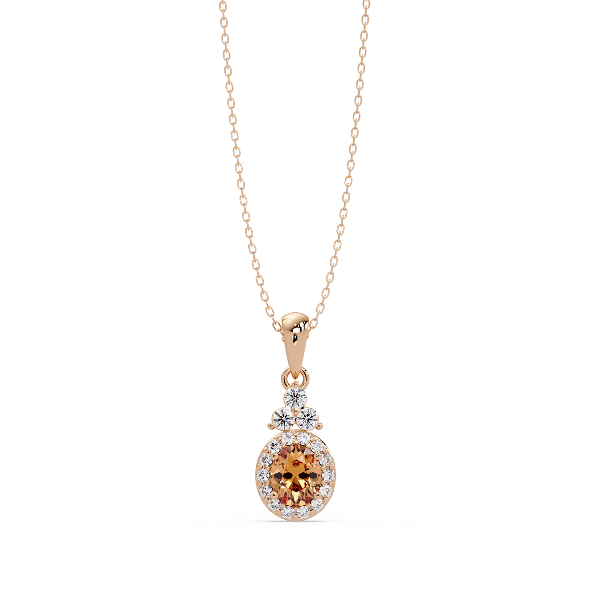 0.7 CTW Oval Halo Cluster Colorstone Pendant Necklace — Champagne Topaz Amber — 14K Rose Gold