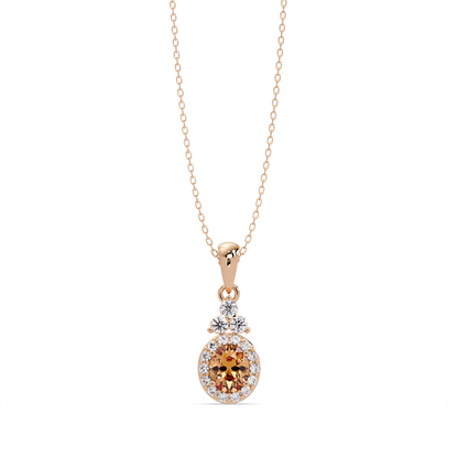 0.7 CTW Oval Halo Cluster Colorstone Pendant Necklace — Champagne Topaz Amber — 14K Rose Gold