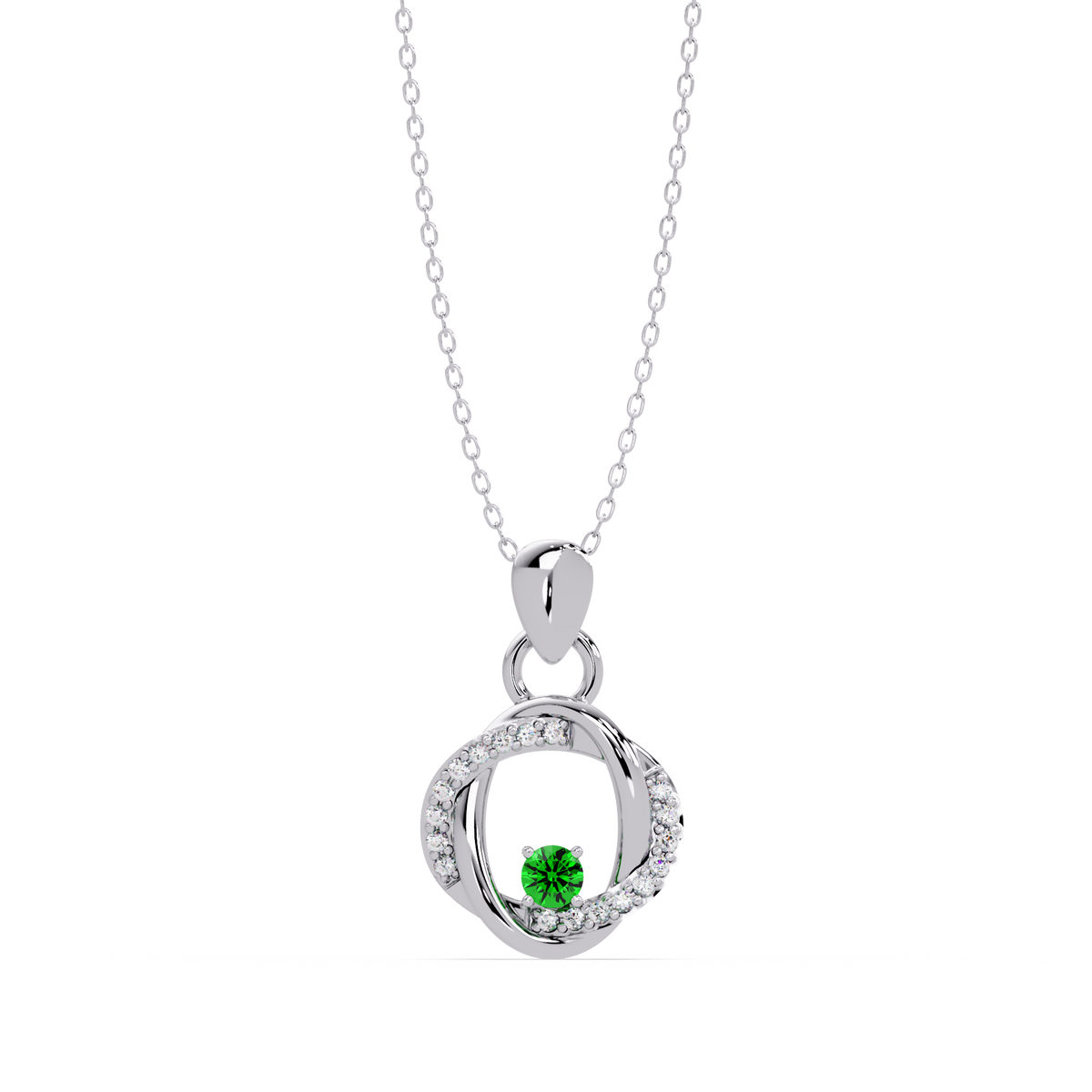 0.1 CTW Round Open Circle Colorstone Pendant Necklace — Emerald Deep Green — 14K White Gold