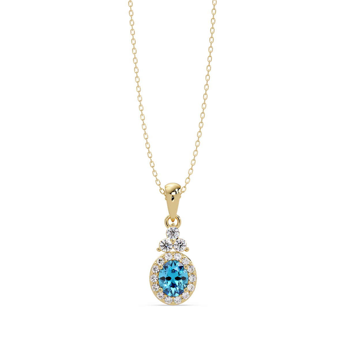 0.7 CTW Oval Halo Cluster Colorstone Pendant Necklace — Aquamarine Sky Blue — 14K Yellow Gold