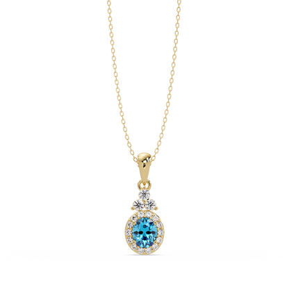 0.7 CTW Oval Halo Cluster Colorstone Pendant Necklace — Aquamarine Sky Blue — 14K Yellow Gold