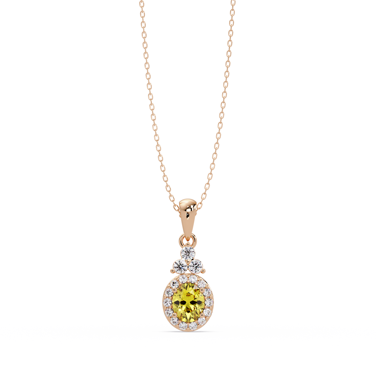 0.7 CTW Oval Halo Cluster Colorstone Pendant Necklace — Citrine Lemon Yellow — 14K Rose Gold