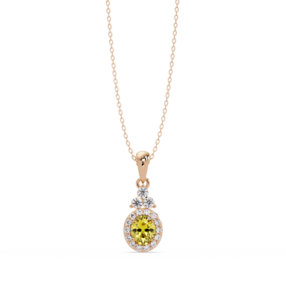 0.7 CTW Oval Halo Cluster Colorstone Pendant Necklace — Citrine Lemon Yellow — 14K Rose Gold