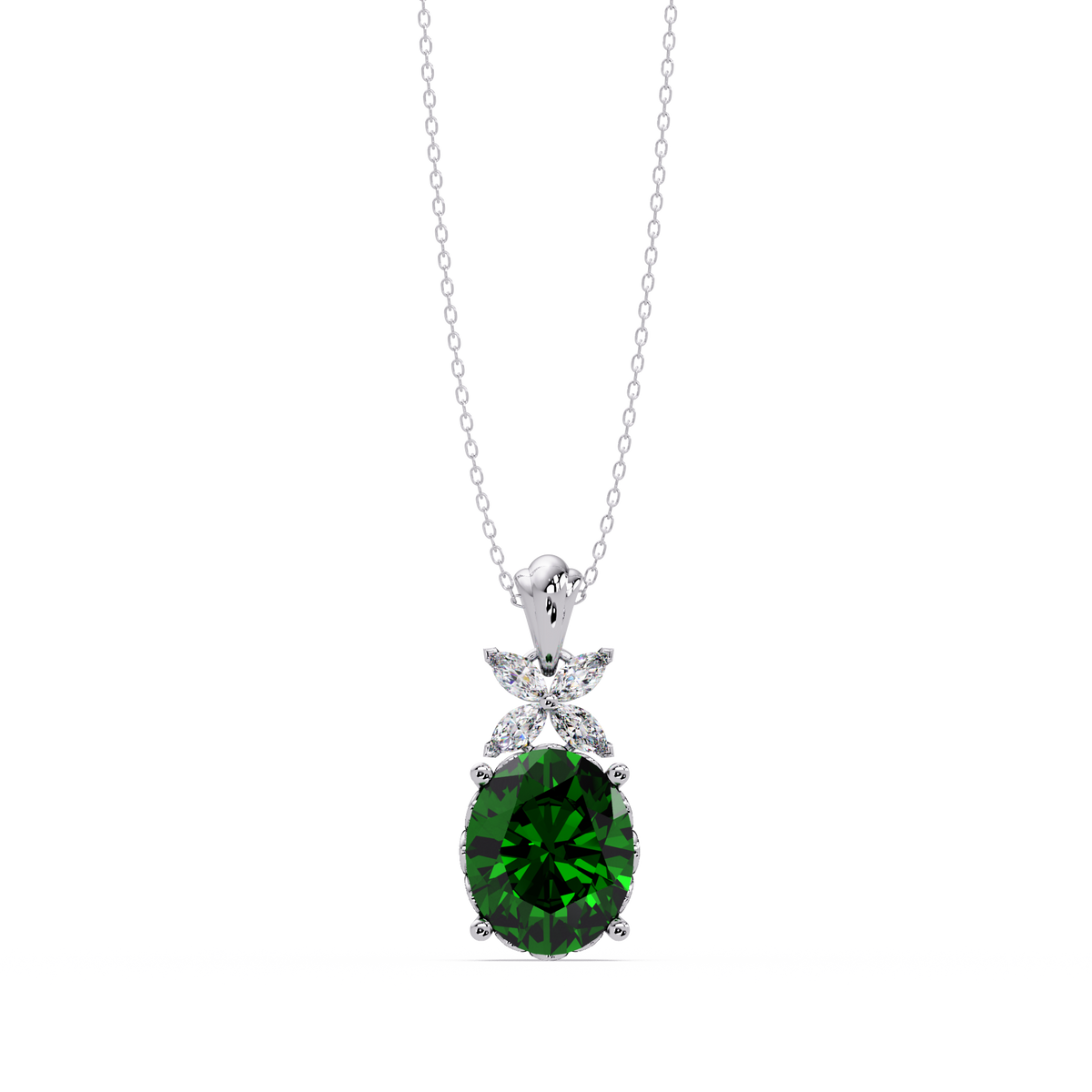 3.6 CTW Oval Butterfly Accent Colorstone Pendant Necklace — Emerald Deep Green — 14K White Gold