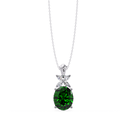 3.6 CTW Oval Butterfly Accent Colorstone Pendant Necklace — Emerald Deep Green — 14K White Gold