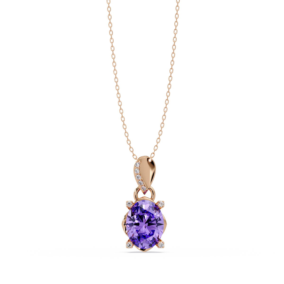 1.8 CTW Oval Solitaire Accent Colorstone Pendant Necklace — Amethyst Lavender — 14K Rose Gold