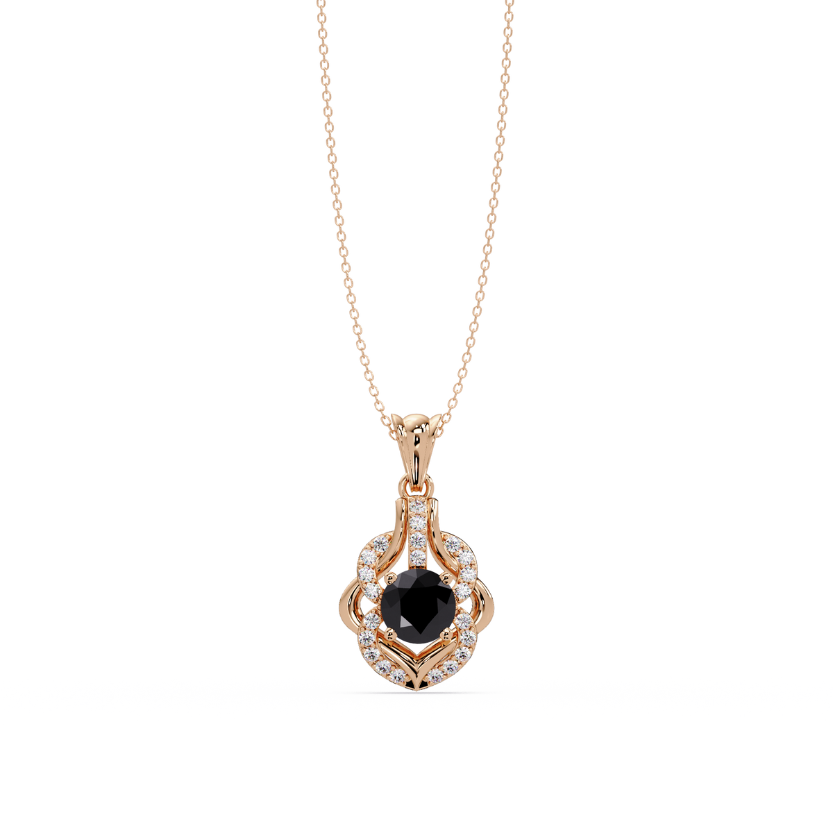 1.6 CTW Round Ornate Frame Colorstone Pendant Necklace — Onyx Black — 14K Rose Gold