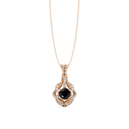 1.6 CTW Round Ornate Frame Colorstone Pendant Necklace — Onyx Black — 14K Rose Gold