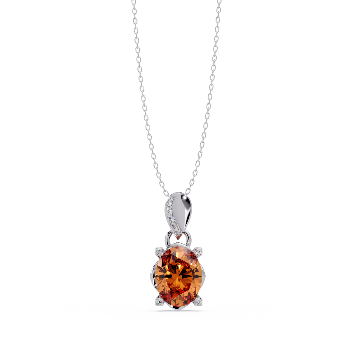 1.8 CTW Oval Solitaire Accent Colorstone Pendant Necklace — Champagne Topaz Amber — 14K White Gold