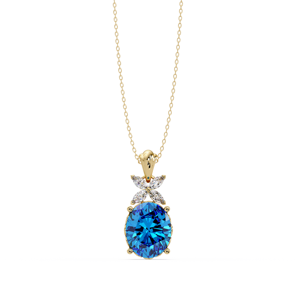 3.6 CTW Oval Butterfly Accent Colorstone Pendant Necklace — Aquamarine Sky Blue — 14K Yellow Gold