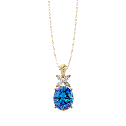 3.6 CTW Oval Butterfly Accent Colorstone Pendant Necklace — Aquamarine Sky Blue — 14K Yellow Gold