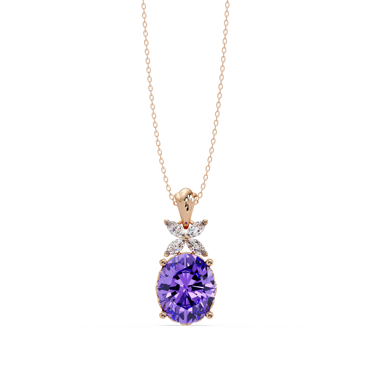 3.6 CTW Oval Butterfly Accent Colorstone Pendant Necklace — Amethyst Lavender — 14K Rose Gold