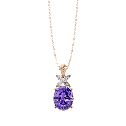 3.6 CTW Oval Butterfly Accent Colorstone Pendant Necklace — Amethyst Lavender — 14K Rose Gold