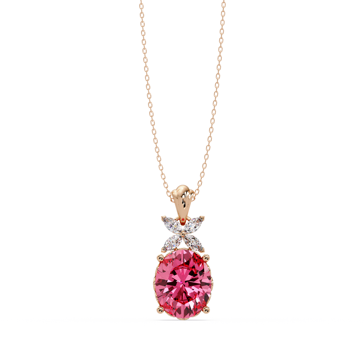 3.6 CTW Oval Butterfly Accent Colorstone Pendant Necklace — Tourmaline Rose Pink — 14K Rose Gold