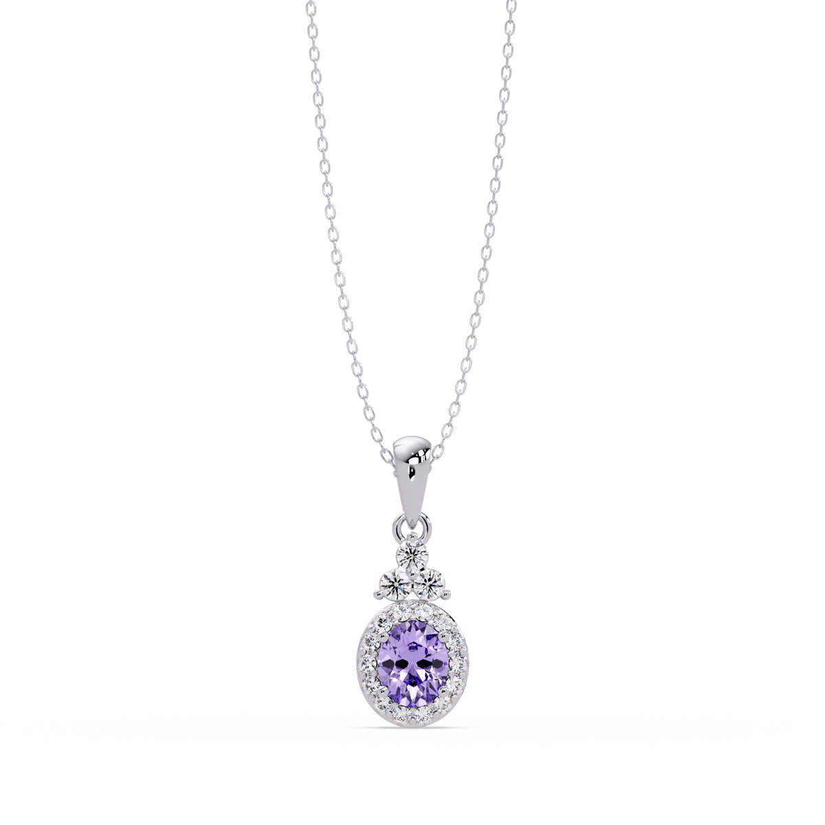 0.7 CTW Oval Halo Cluster Colorstone Pendant Necklace — Amethyst Lavender — 14K White Gold