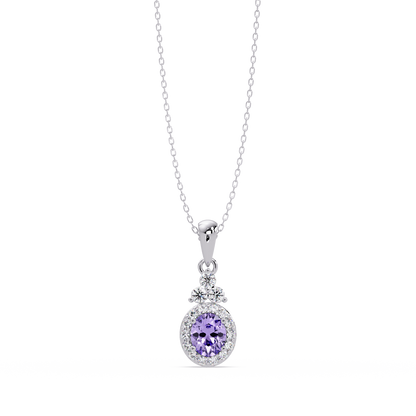 0.7 CTW Oval Halo Cluster Colorstone Pendant Necklace — Amethyst Lavender — 14K White Gold
