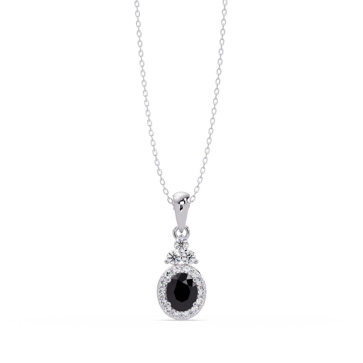 0.7 CTW Oval Halo Cluster Colorstone Pendant Necklace — Onyx Black — 14K White Gold