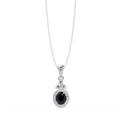 0.7 CTW Oval Halo Cluster Colorstone Pendant Necklace — Onyx Black — 14K White Gold