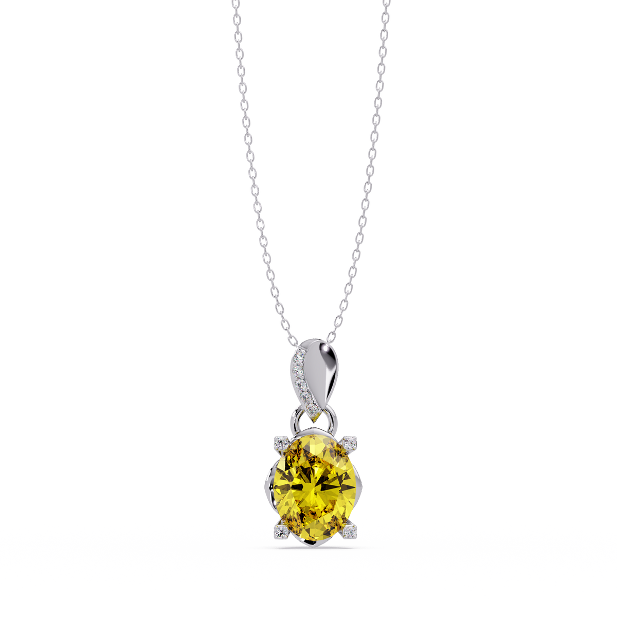 1.8 CTW Oval Solitaire Accent Colorstone Pendant Necklace — Citrine Lemon Yellow — 14K White Gold