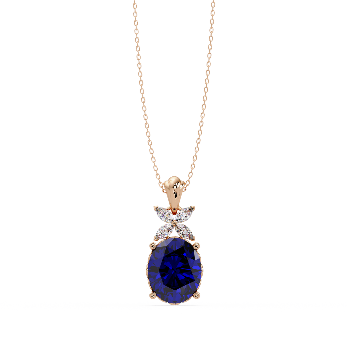 3.6 CTW Oval Butterfly Accent Colorstone Pendant Necklace — Sapphire Royal Blue — 14K Rose Gold