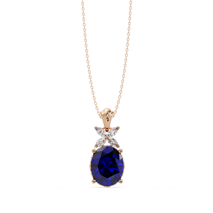 3.6 CTW Oval Butterfly Accent Colorstone Pendant Necklace — Sapphire Royal Blue — 14K Rose Gold