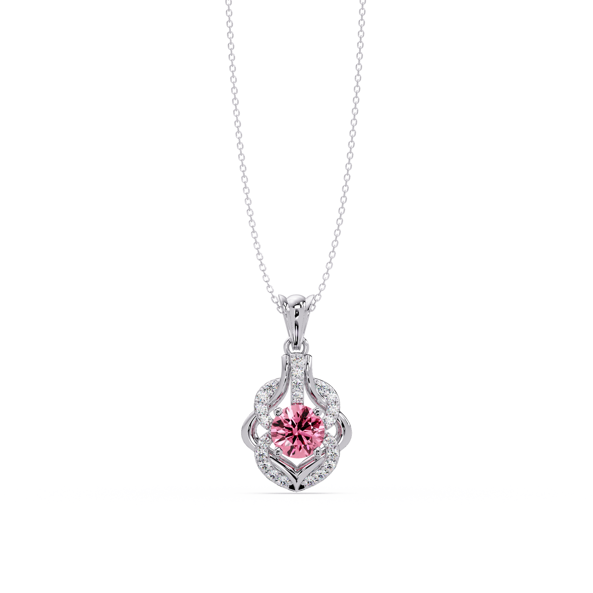 1.6 CTW Round Ornate Frame Colorstone Pendant Necklace — Tourmaline Rose Pink — 14K White Gold
